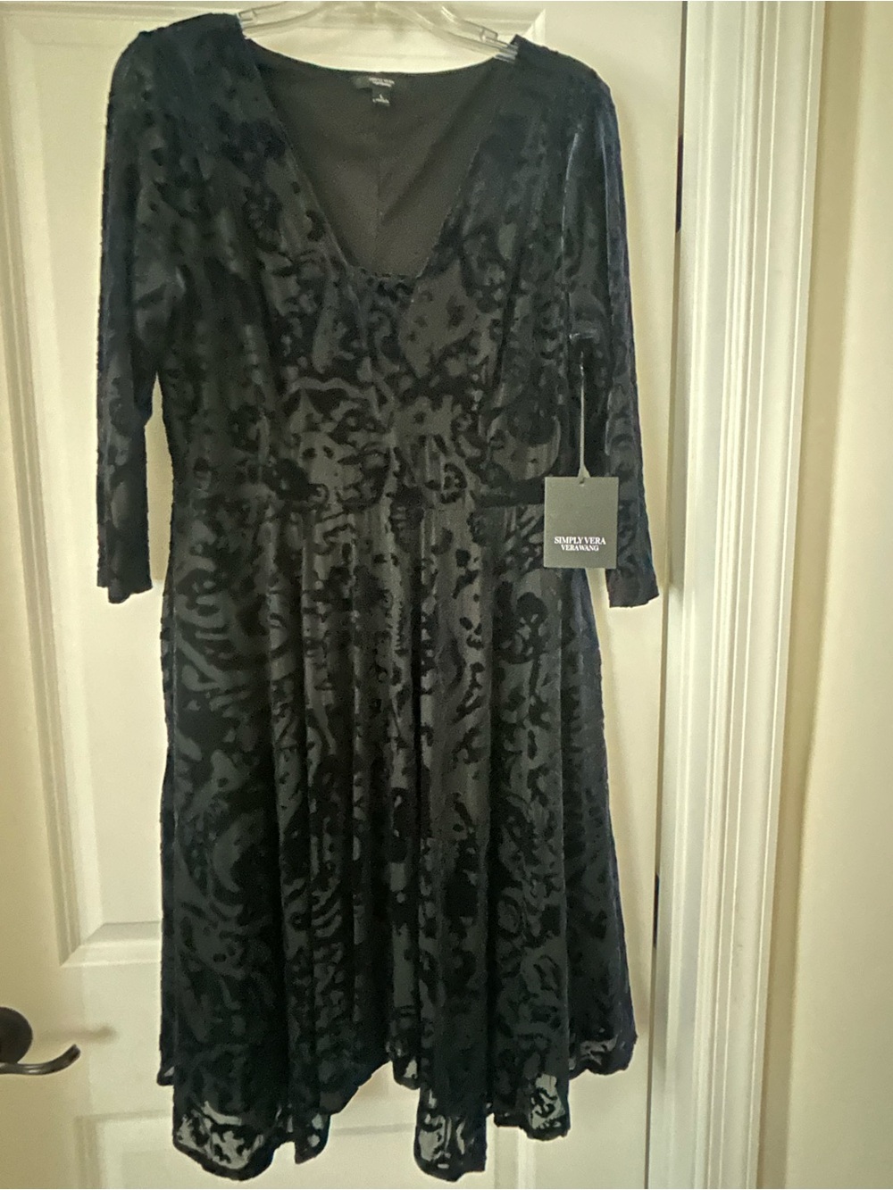 Velvet Burnout Navy Blue V-Neck Women's Dress
